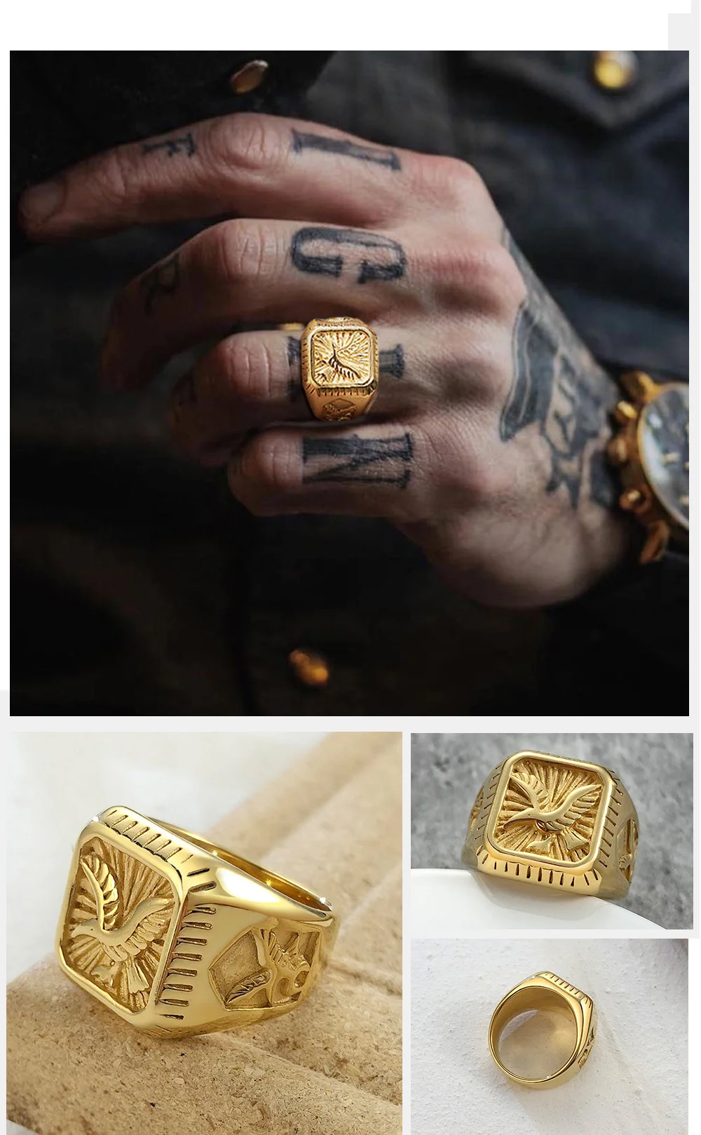 Gold Plated Bald Eagle Signet Ring For Men