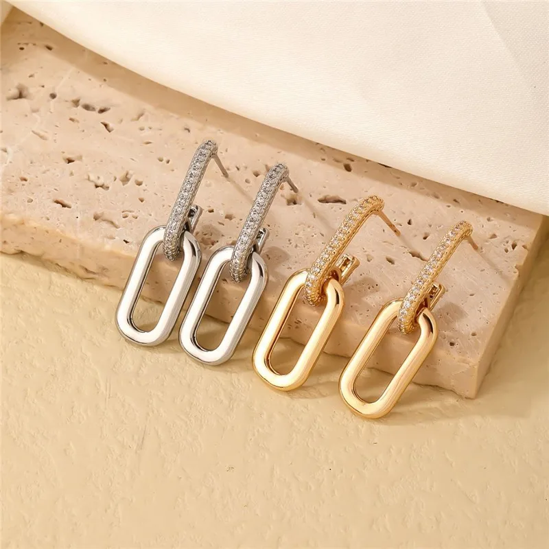 Gold Color Retro Double Loop Design Drop Earrings For Women