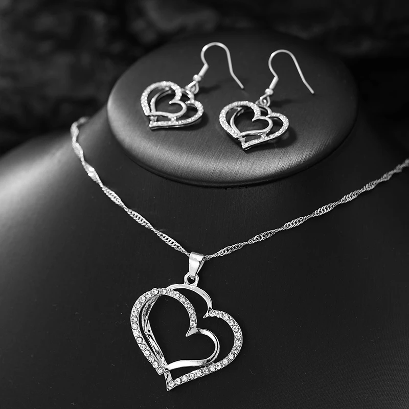 3 Pcs Set Heart Shaped Jewelry Set Of Earrings Pendant Necklace For Women