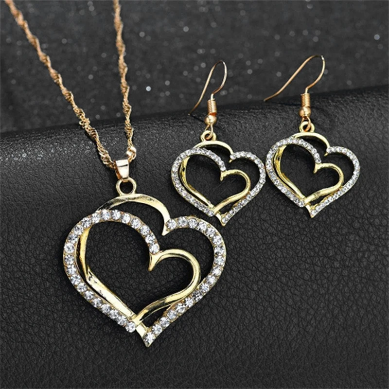 3 Pcs Set Heart Shaped Jewelry Set Of Earrings Pendant Necklace For Women