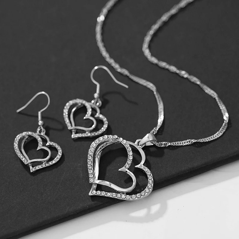 3 Pcs Set Heart Shaped Jewelry Set Of Earrings Pendant Necklace For Women