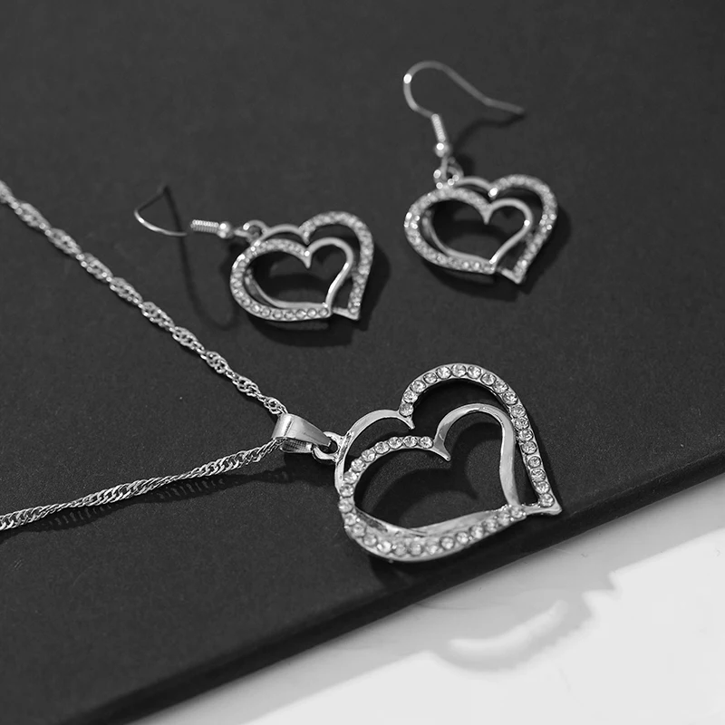 3 Pcs Set Heart Shaped Jewelry Set Of Earrings Pendant Necklace For Women