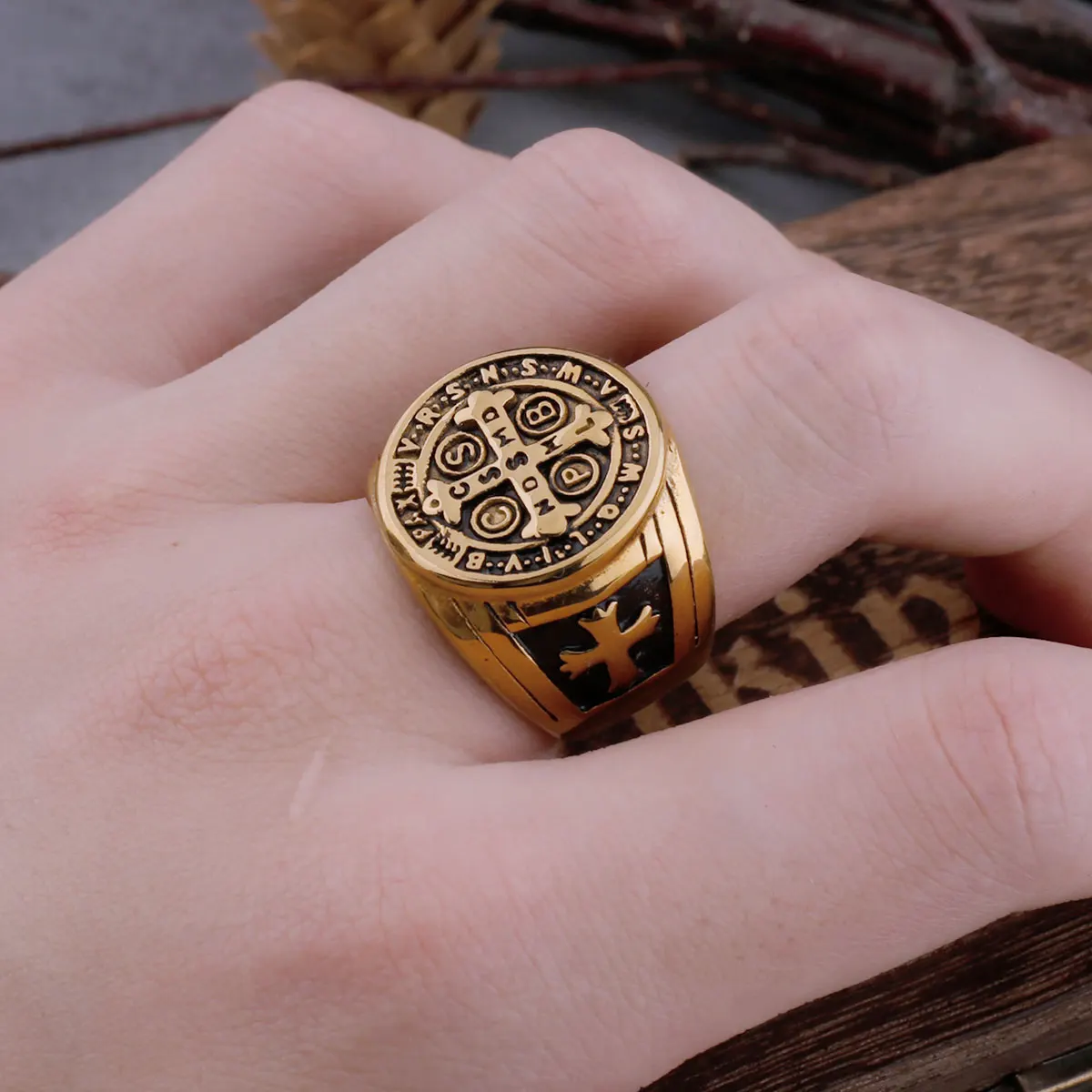 Vintage Religious Saint Benedict's Christian Cross Ring Mens