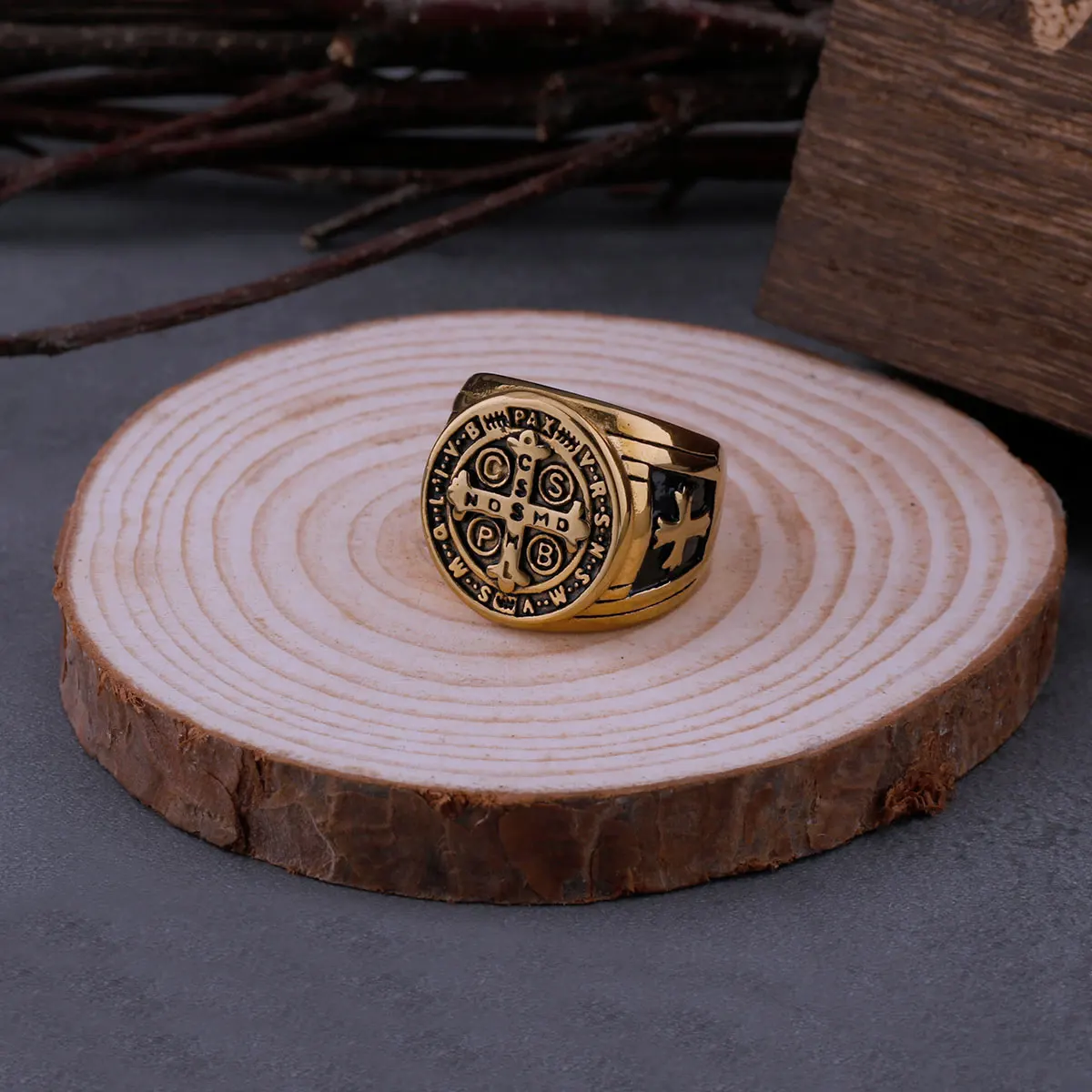 Vintage Religious Saint Benedict's Christian Cross Ring Mens