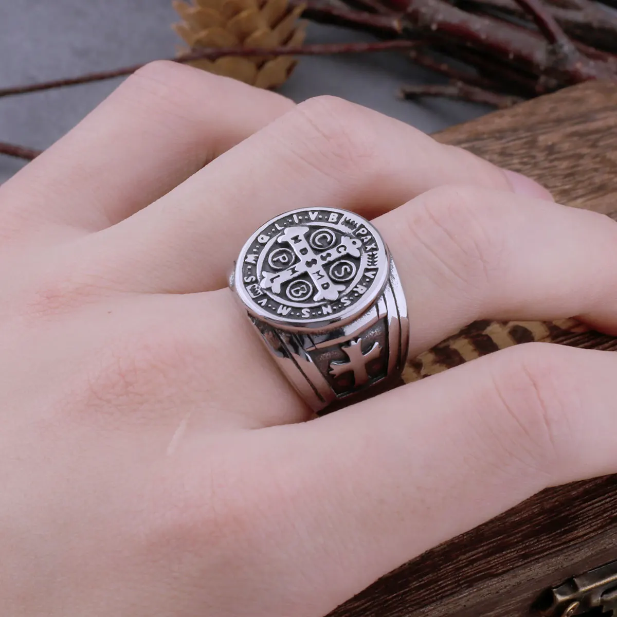 Vintage Religious Saint Benedict's Christian Cross Ring Mens