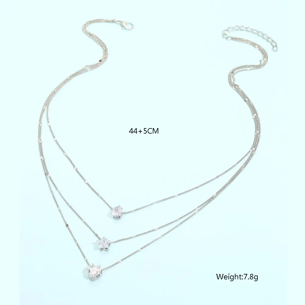 Crystal Zircon Heart Star Charm Layered Pendant Necklace Set for Women