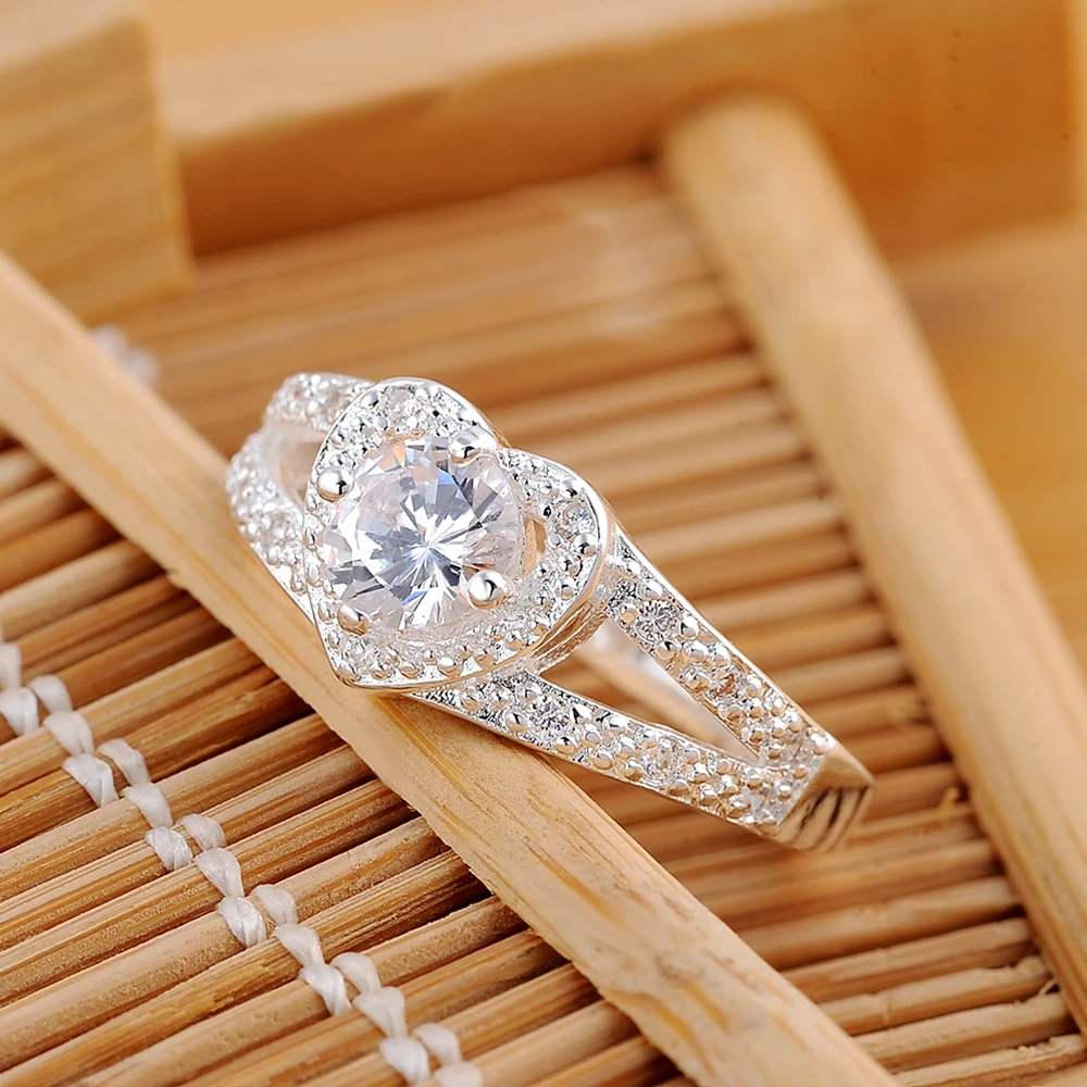 Sterling Silver Crystal Romantic Heart Diamond Rings For Women