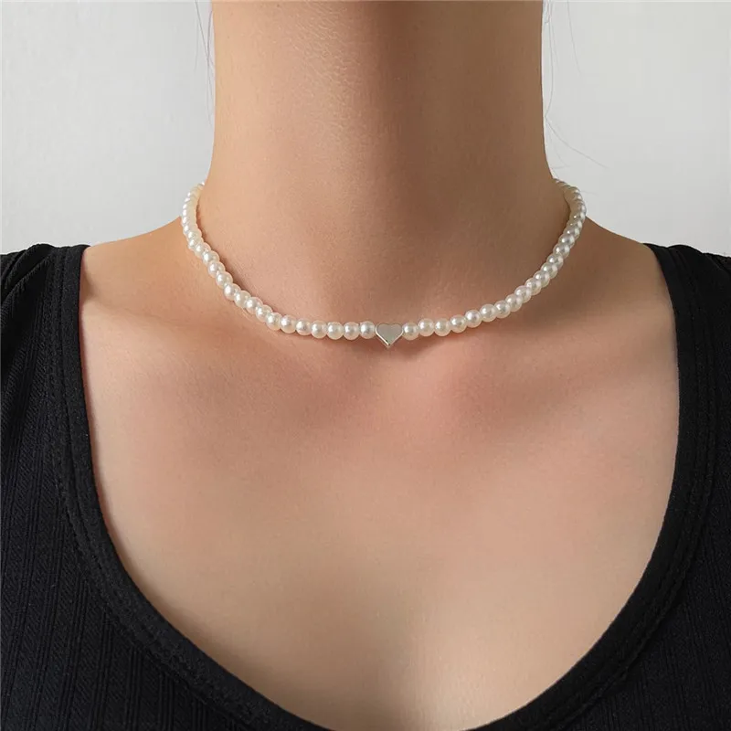 Imitation Pearl Trendy Love Heart Choker Necklace