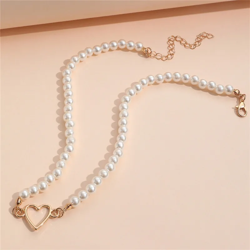 Imitation Pearl Trendy Love Heart  Choker Necklace