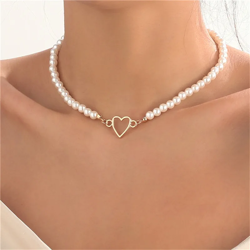 Imitation Pearl Trendy Love Heart  Choker Necklace