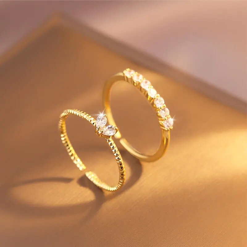 2pcs Trendy Gold Color Heart Zircon Rings Set For Women