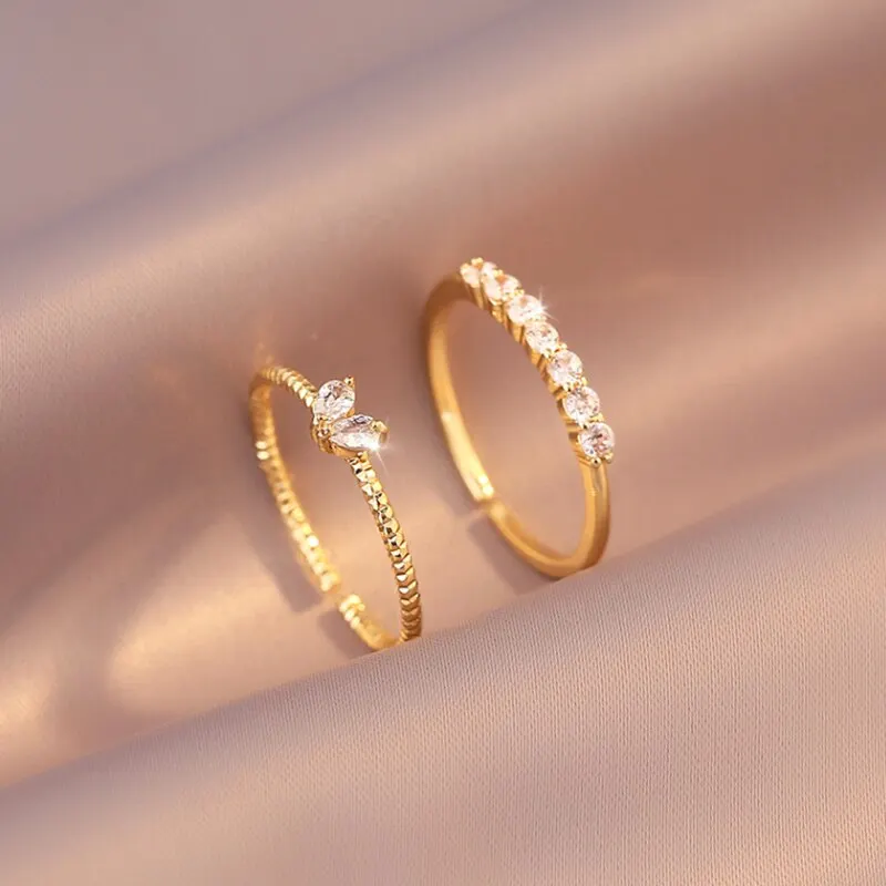 2pcs Trendy Gold Color Heart Zircon Rings Set For Women