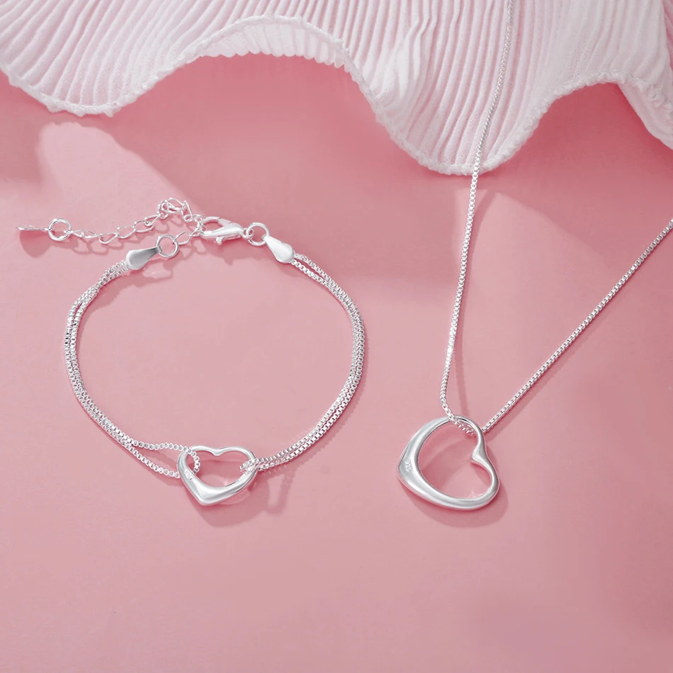 Original 925 sterling silver Pretty heart bracelets necklaces for women