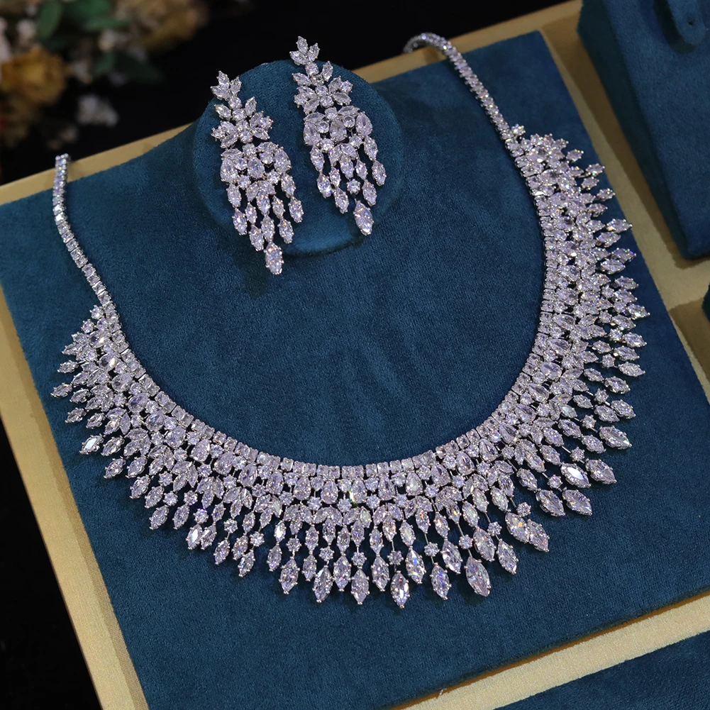  Zirconia Leaf Earring Necklace Bridal Weddings Jewelry Set for Women