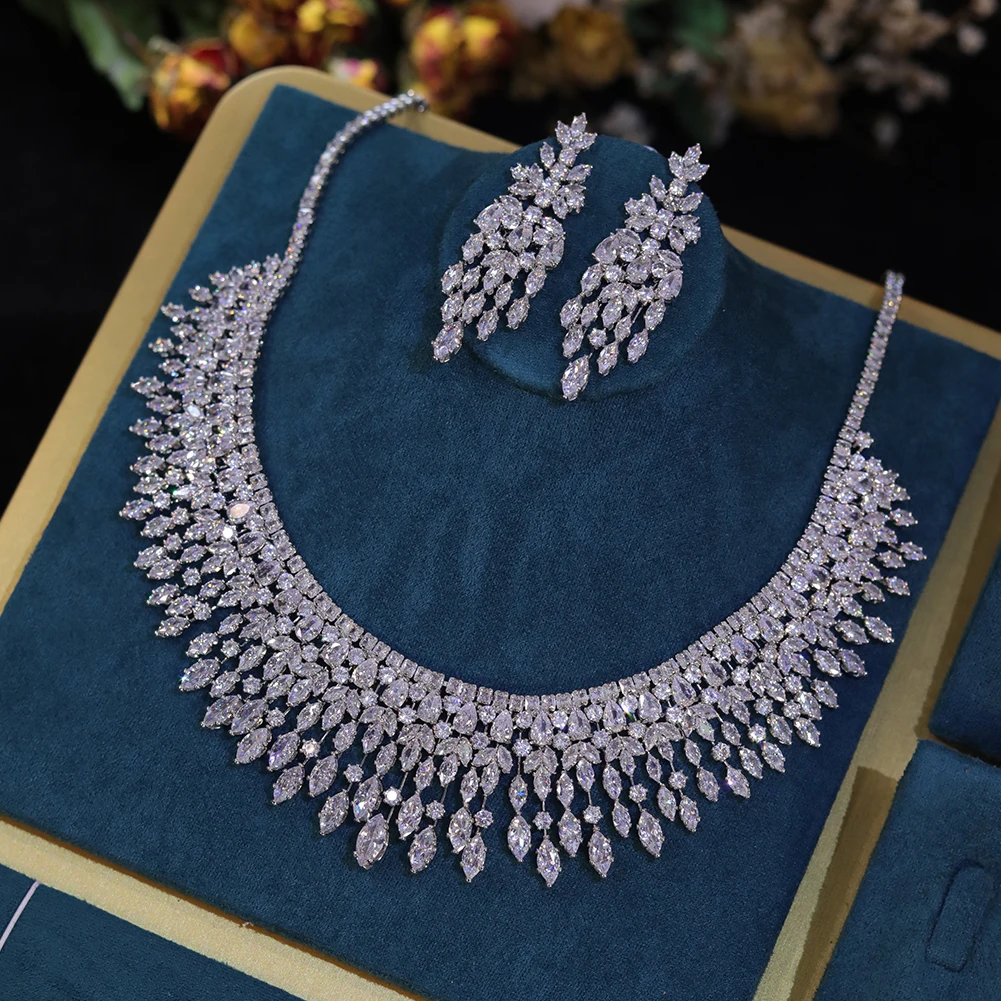  Zirconia Leaf Earring Necklace Bridal Weddings Jewelry Set for Women