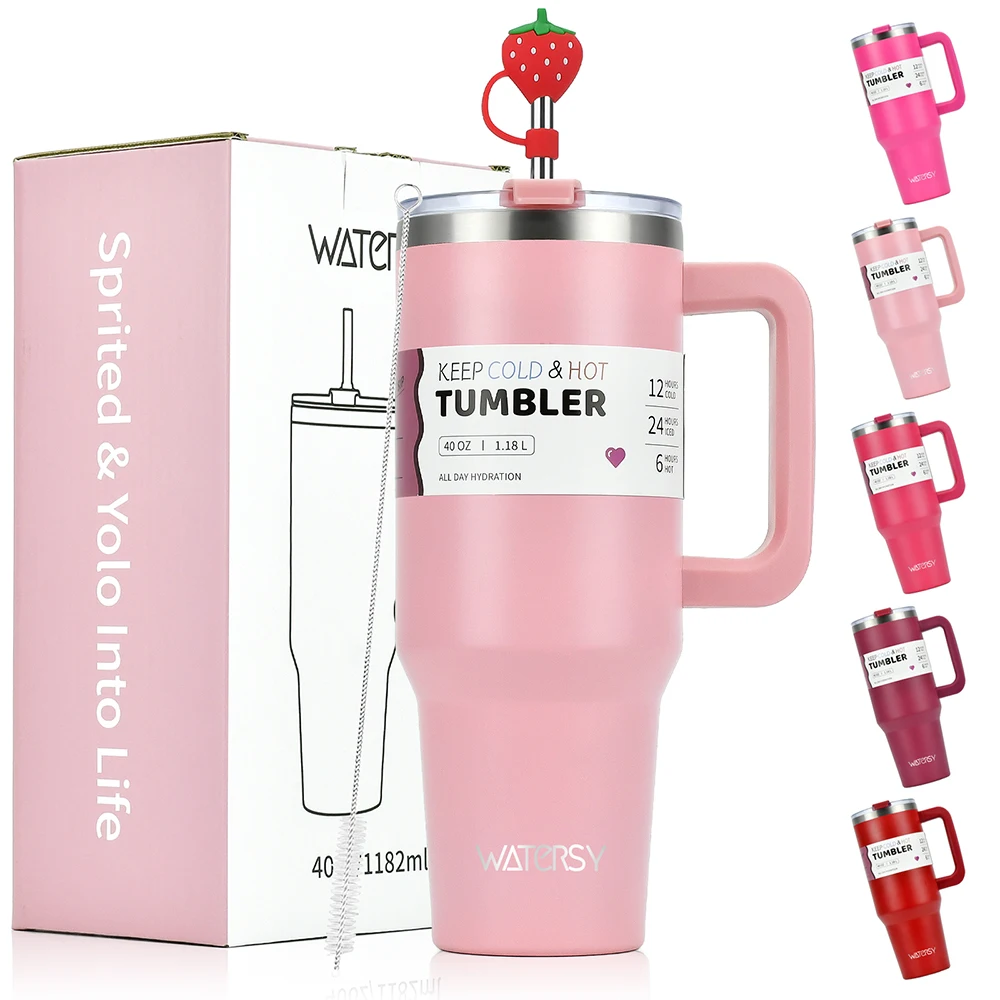 Watersy 1200ml/40oz Tumbler with Handle Pink Stainless Steel Thermal