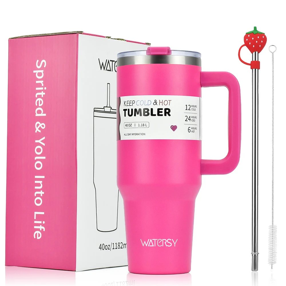 Watersy 1200ml/40oz Tumbler with Handle Pink Stainless Steel Thermal