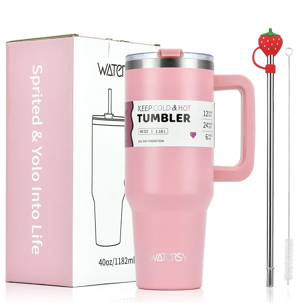 Watersy 1200ml/40oz Tumbler with Handle Pink Stainless Steel Thermal