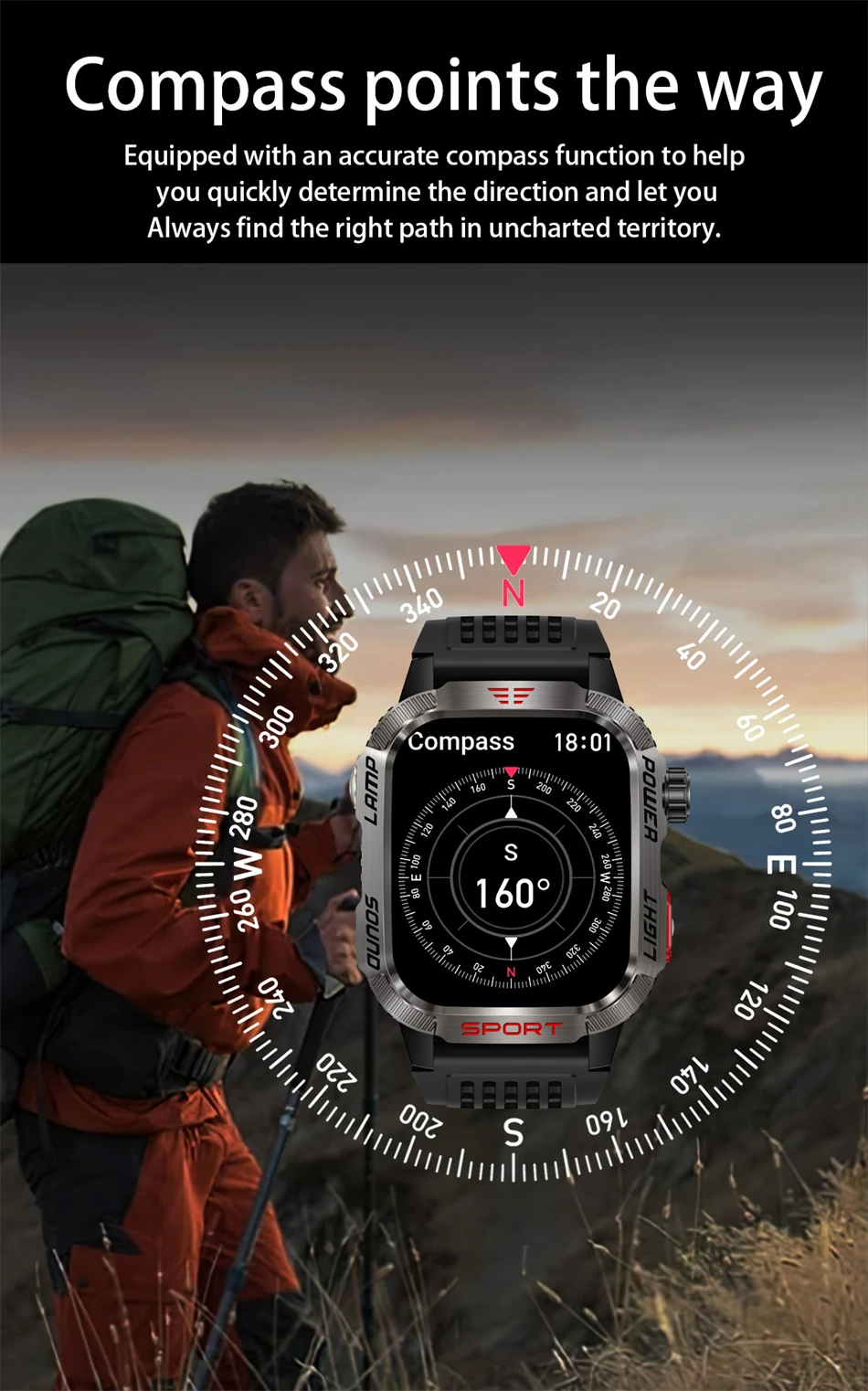 Military Flashlight Compass Waterproof Outdoor Sport GPS Smart Watch Men