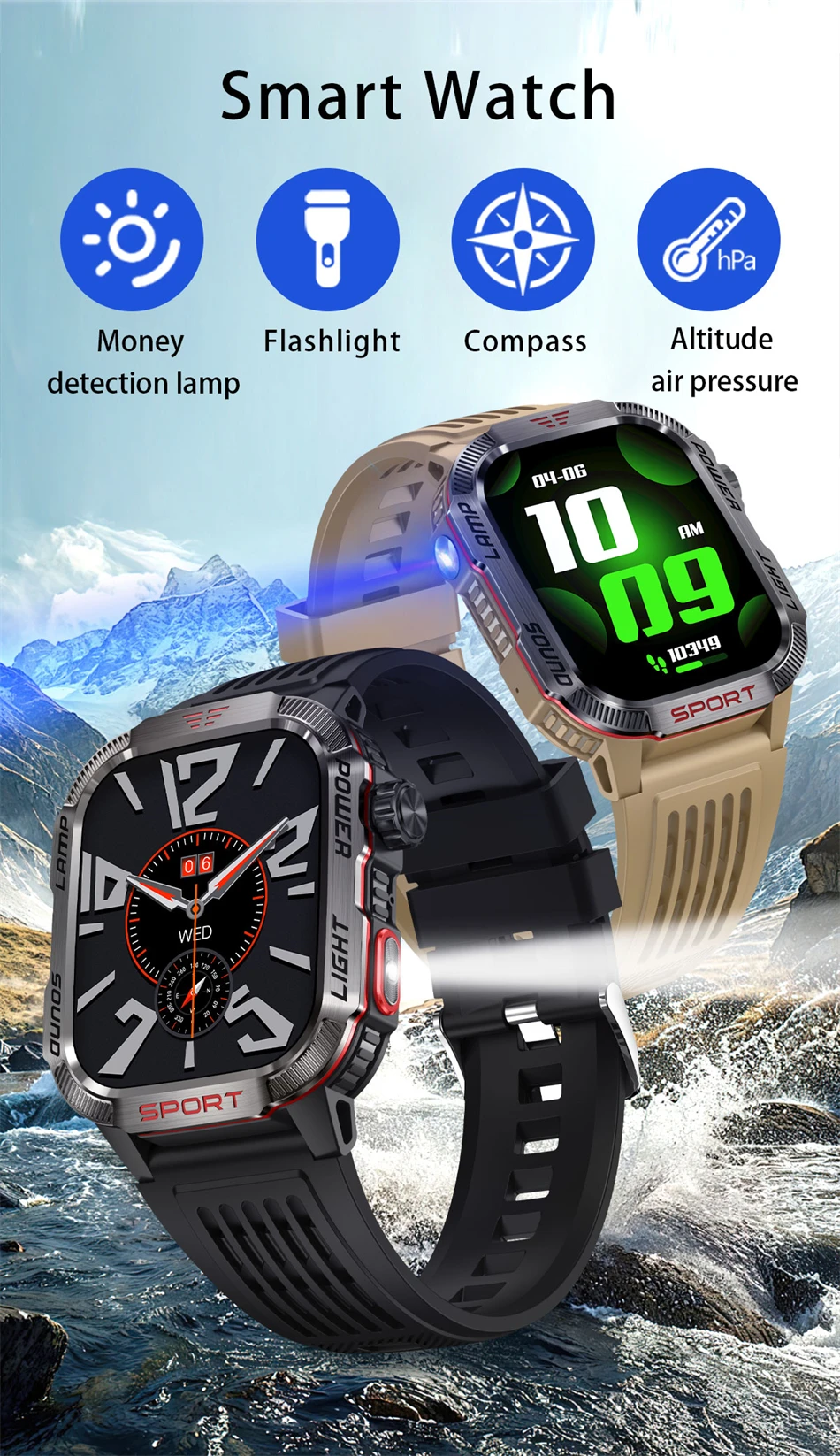 Military Flashlight Compass Waterproof Outdoor Sport GPS Smart Watch Men