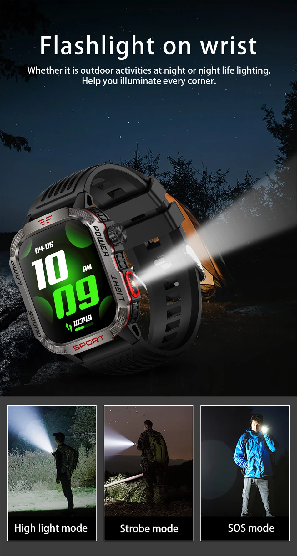 Military Flashlight Compass Waterproof Outdoor Sport GPS Smart Watch Men