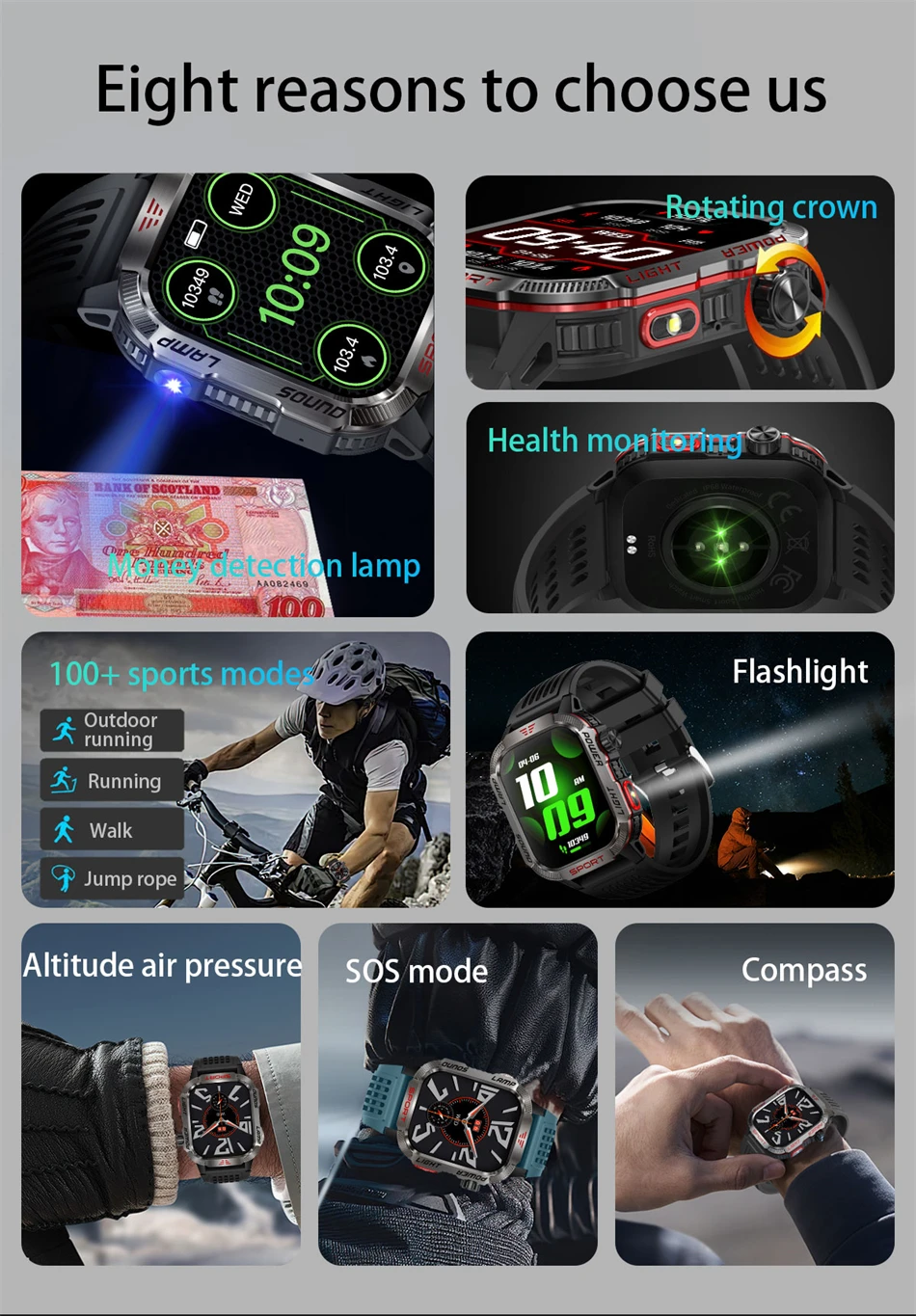 Military Flashlight Compass Waterproof Outdoor Sport GPS Smart Watch Men