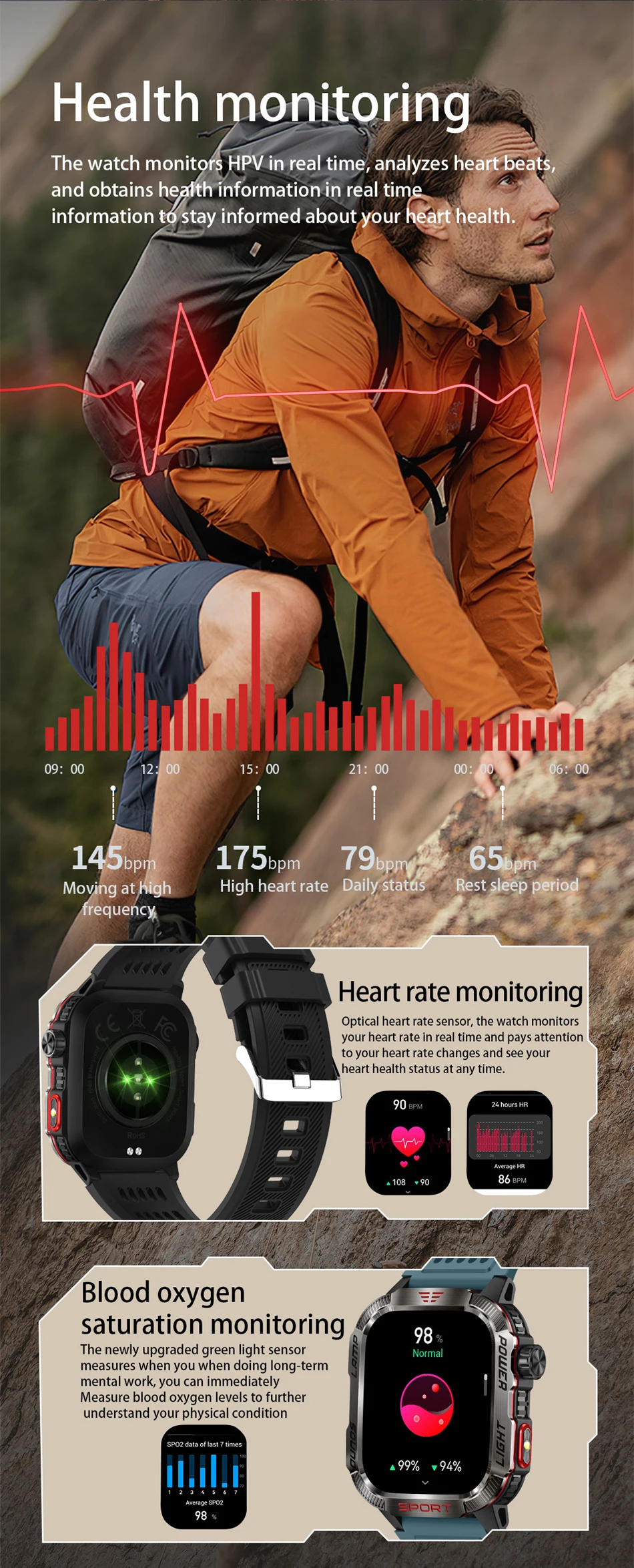 Military Flashlight Compass Waterproof Outdoor Sport GPS Smart Watch Men