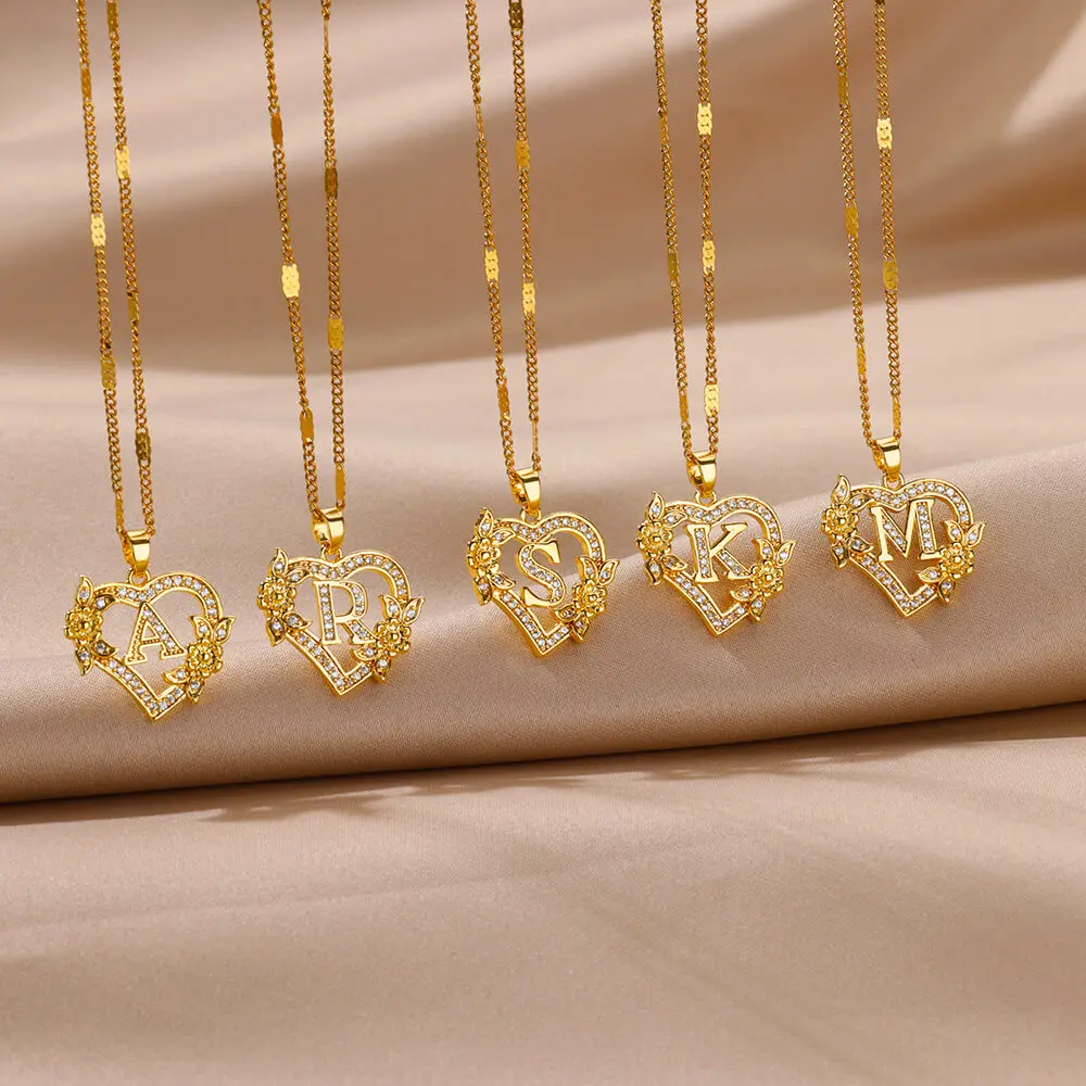 Zircon Flower Heart Gold Color Initials Necklaces For Women