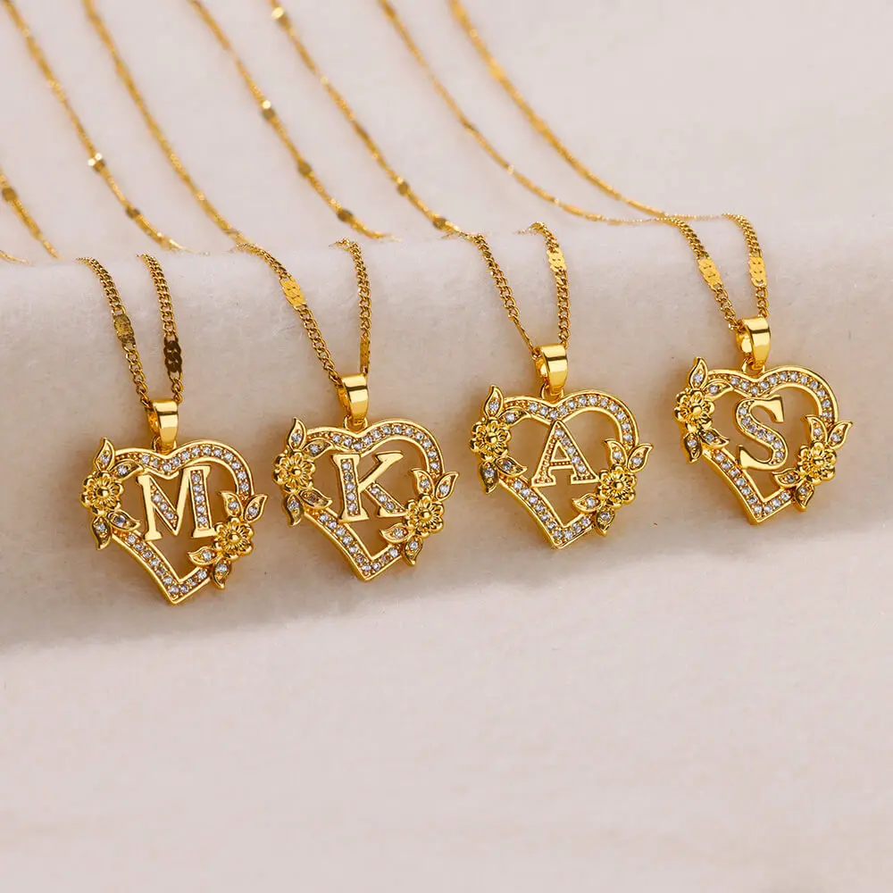 Zircon Flower Heart Gold Color Initials Necklaces For Women