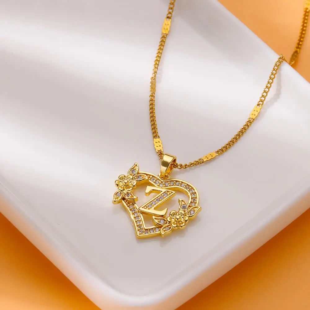 Zircon Flower Heart Gold Color Initials Necklaces For Women