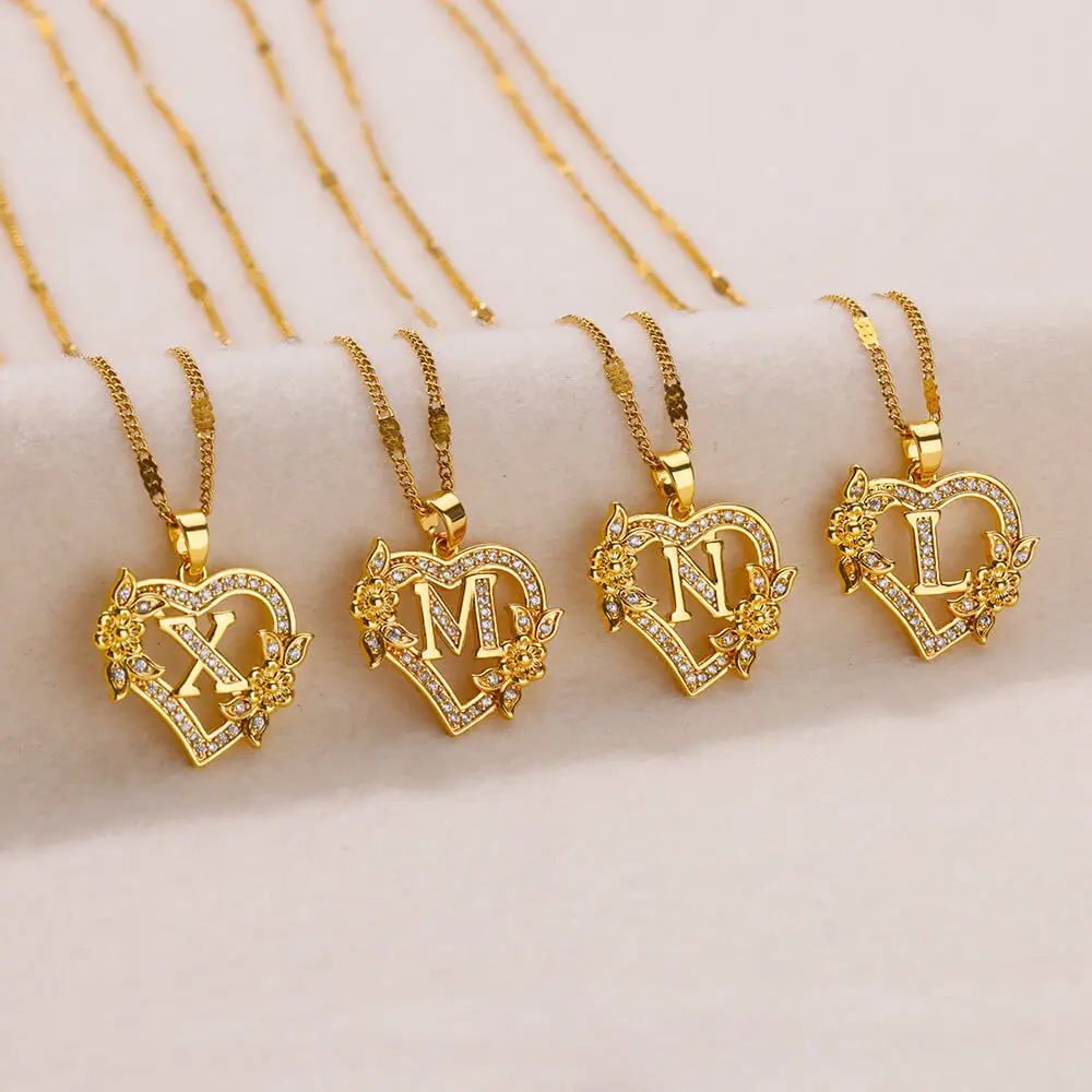 Zircon Flower Heart Gold Color Initials Necklaces For Women