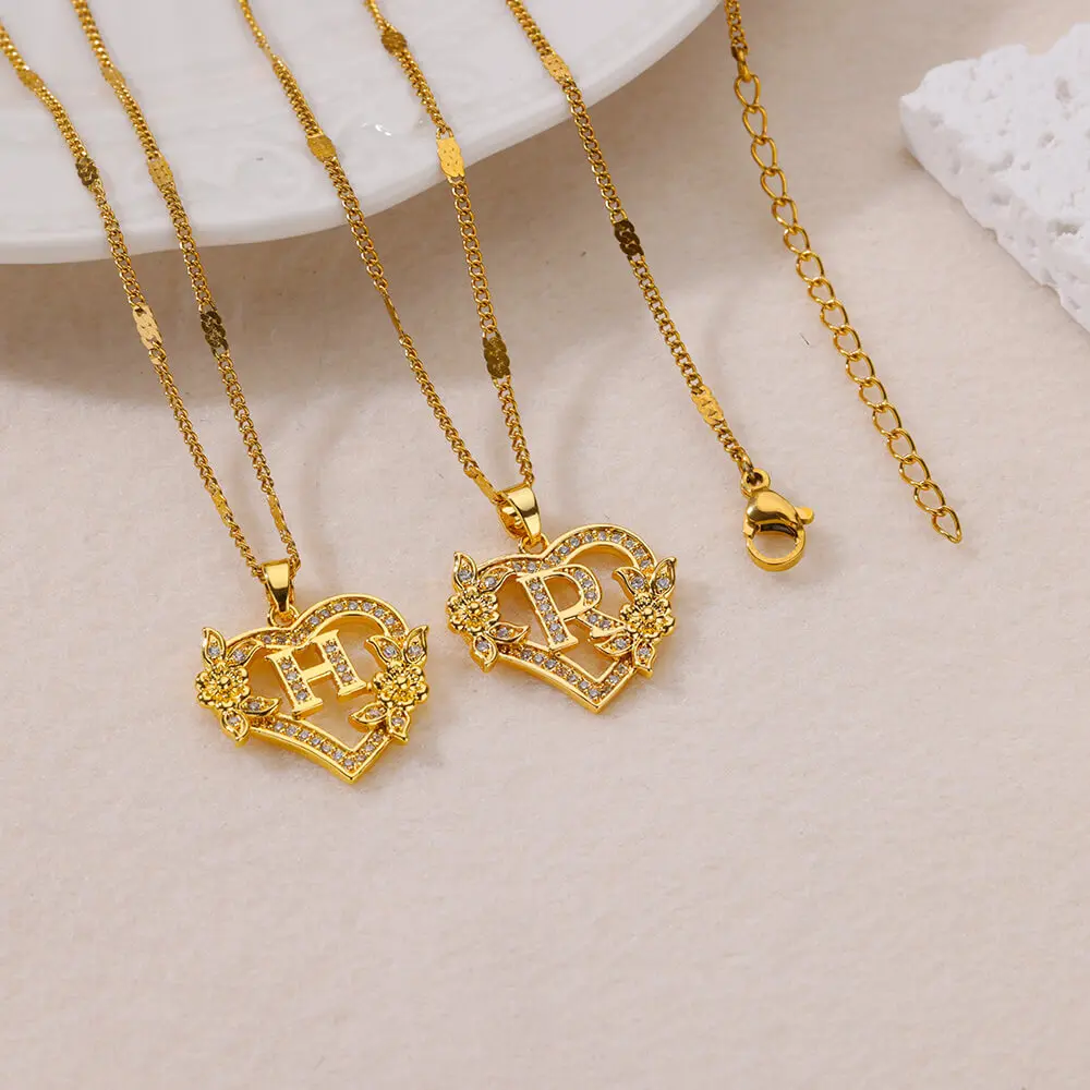 Zircon Flower Heart Gold Color Initials Necklaces For Women