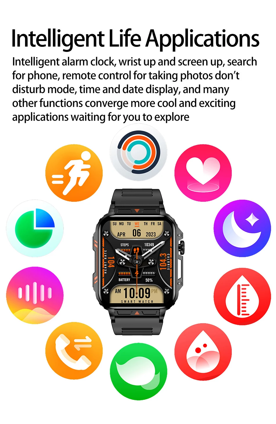 Unisex Smartwatch 1.95 Inch Screen Health Monitoring Watches I, Waterproof Sport Fitness Smart Watch