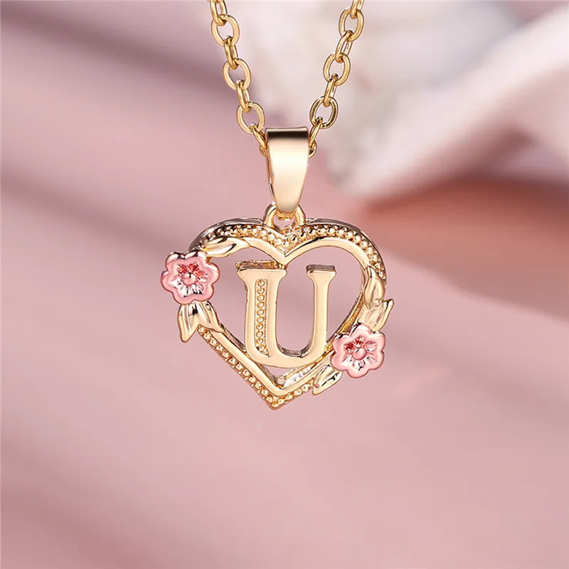 Female A-Z Letter Flower Pendant Necklace For Women