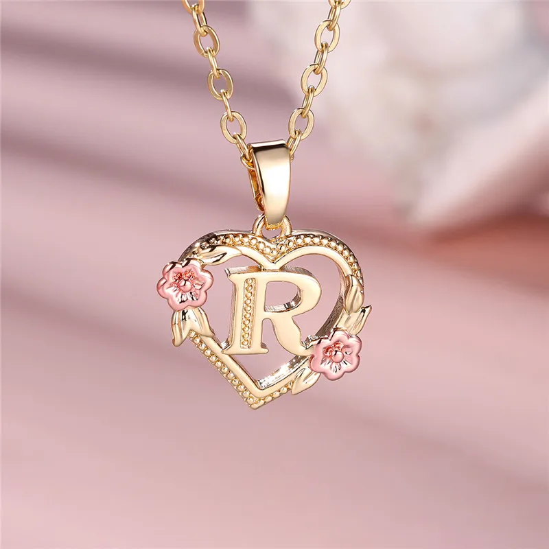 Female A-Z Letter Flower Pendant Necklace For Women