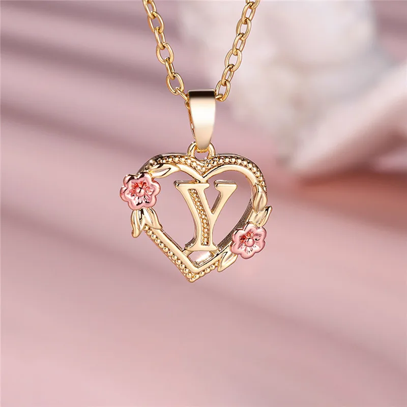 Female A-Z Letter Flower Pendant Necklace For Women