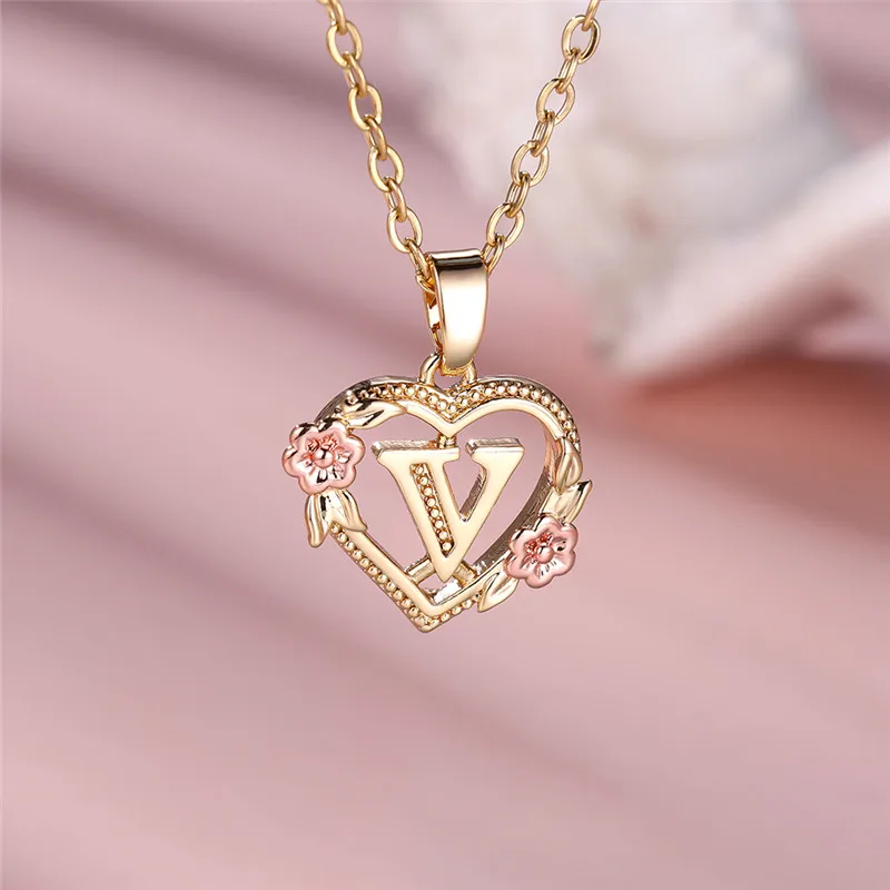 Female A-Z Letter Flower Pendant Necklace For Women