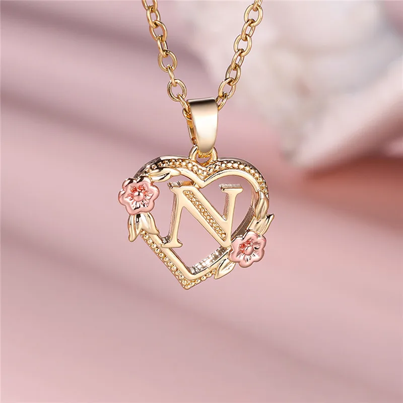 Female A-Z Letter Flower Pendant Necklace For Women