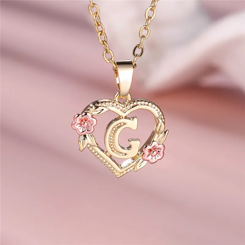 Female A-Z Letter Flower Pendant Necklace For Women