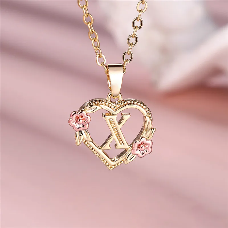 Female A-Z Letter Flower Pendant Necklace For Women