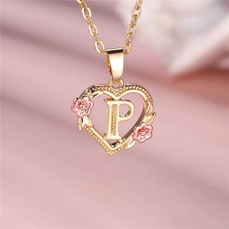 Female A-Z Letter Flower Pendant Necklace For Women