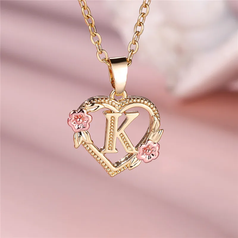 Female A-Z Letter Flower Pendant Necklace For Women