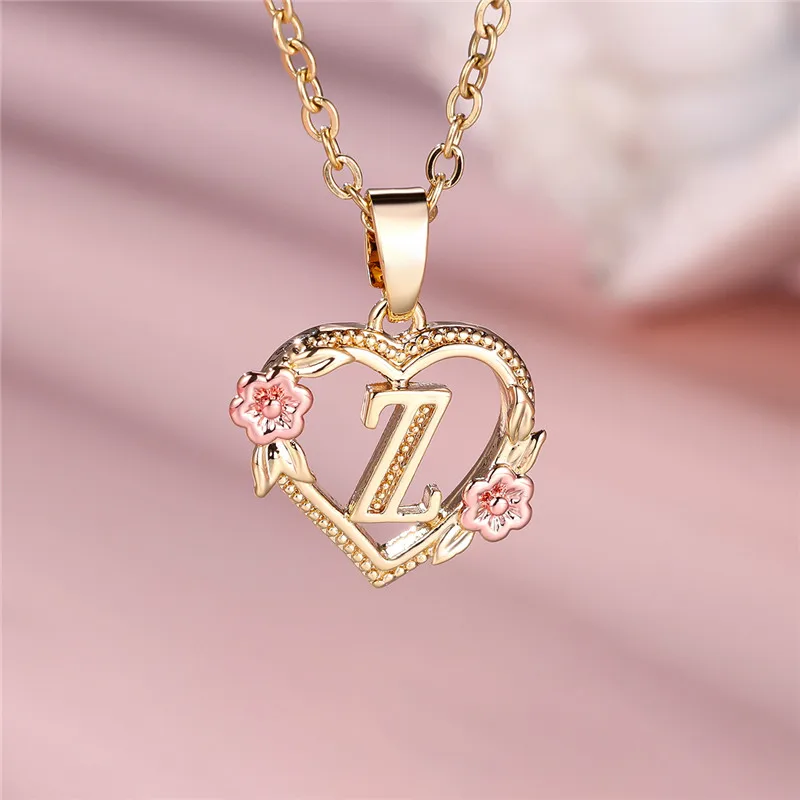 Female A-Z Letter Flower Pendant Necklace For Women