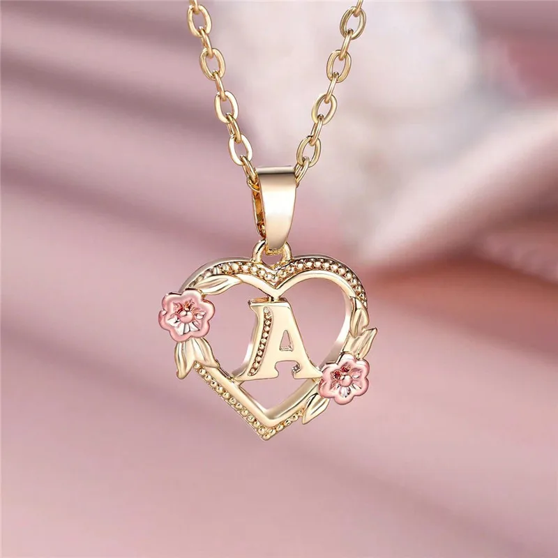 Female A-Z Letter Flower Pendant Necklace For Women