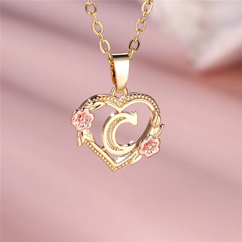 Female A-Z Letter Flower Pendant Necklace For Women