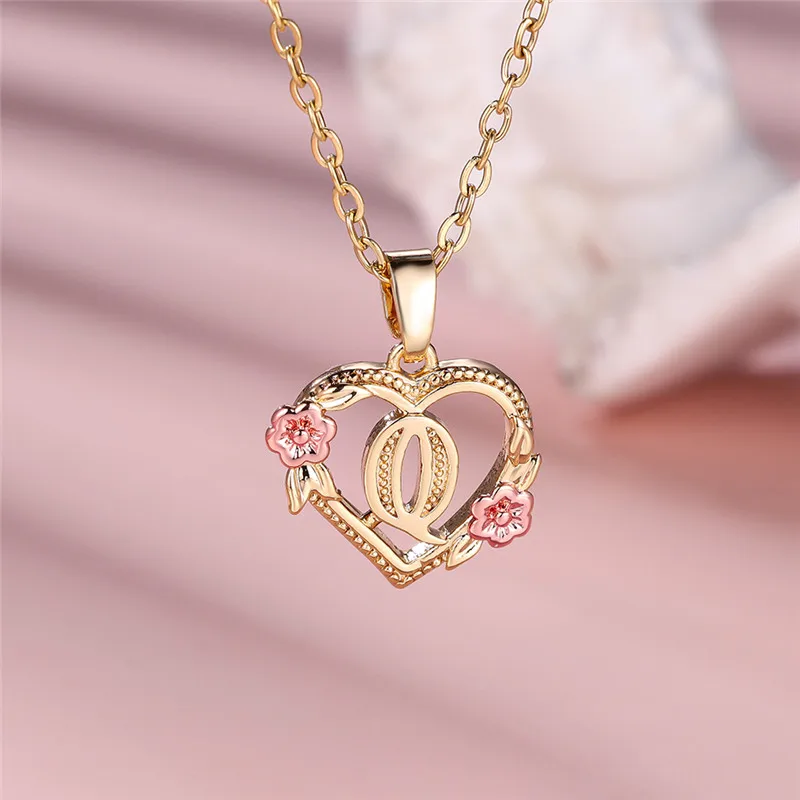 Female A-Z Letter Flower Pendant Necklace For Women