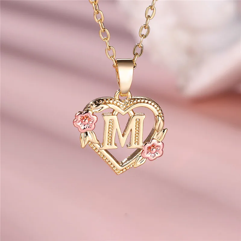 Female A-Z Letter Flower Pendant Necklace For Women