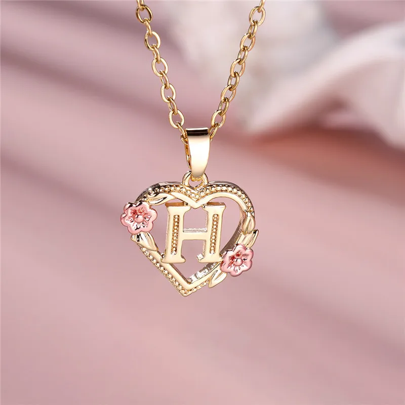 Female A-Z Letter Flower Pendant Necklace For Women