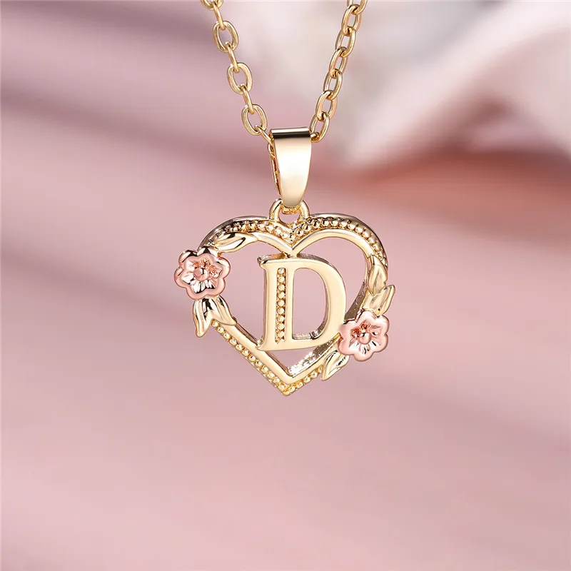 Female A-Z Letter Flower Pendant Necklace For Women