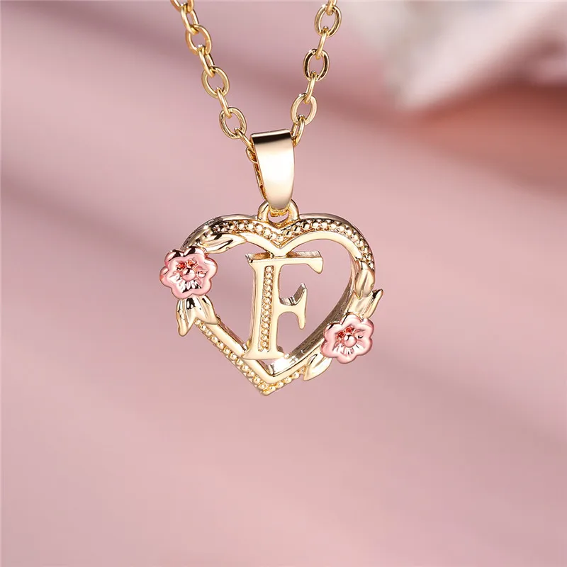 Female A-Z Letter Flower Pendant Necklace For Women